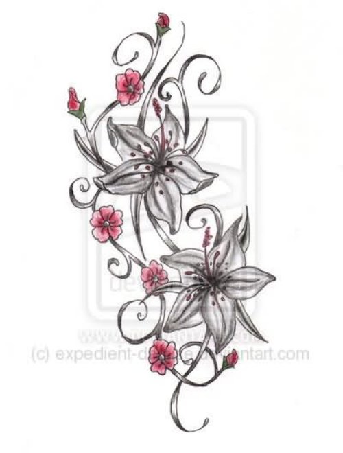 Grey Flowers And Cherry Blosoom Tattoo Design